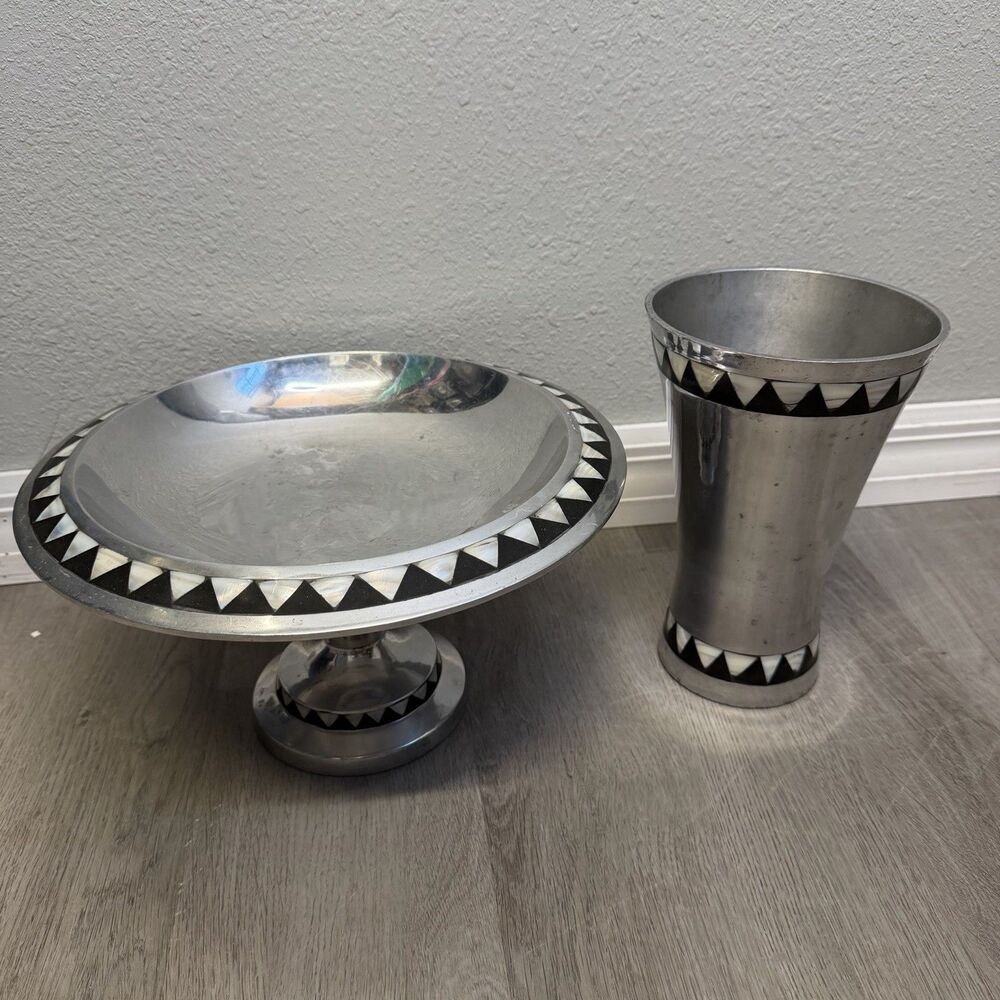 Large Towle Metal Bowl With Mother Of Pearl Inlay & Vase Lot of 2